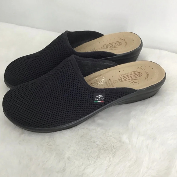 Fly Flot Italian Wide Fit Clogs Casual Comfort Black Mesh Size 40 EU US 9 - Picture 3 of 12